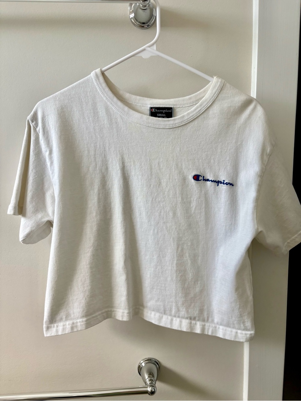 Champion White Cropped Logo Tee with Embroidered Script